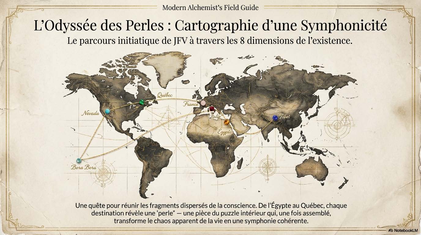 Carte du monde ancienne où huit perles colorées marquent l'Égypte, Bora Bora, l'Italie, la France, le Tibet, le Nevada et le Québec, reliées par des routes dorées.