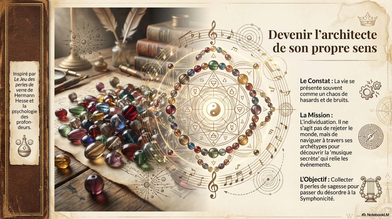 Perles de verre colorées répandues sur un bureau d'alchimiste, entourées d'une roue de symboles et de portées musicales dorées.