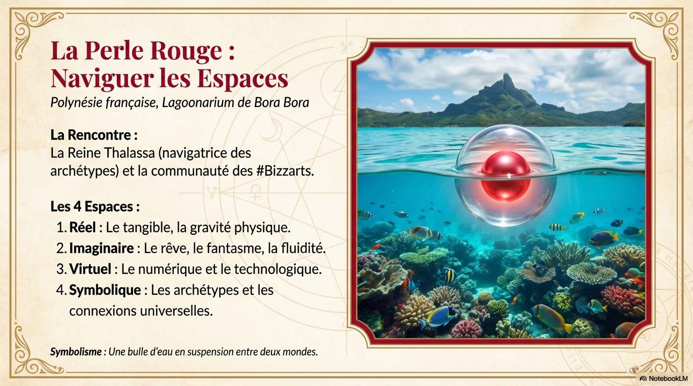 Lagon de Bora Bora, une bulle transparente contenant une perle rouge flotte à la surface, au-dessus d'un récif de corail.