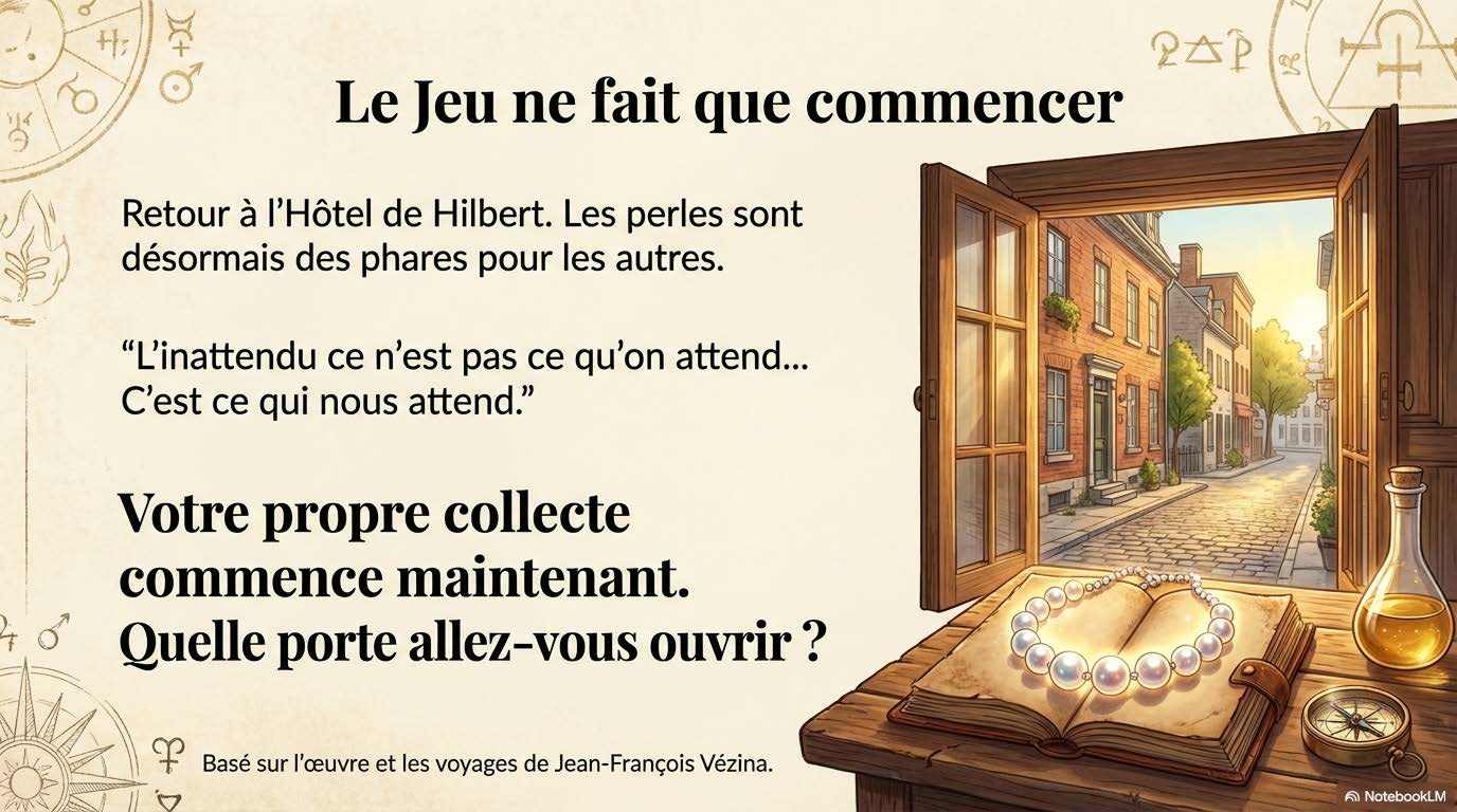 Fenêtre ouverte sur une rue du Vieux-Québec au petit matin, un collier de perles posé sur un livre ouvert, une fiole et une boussole à côté.